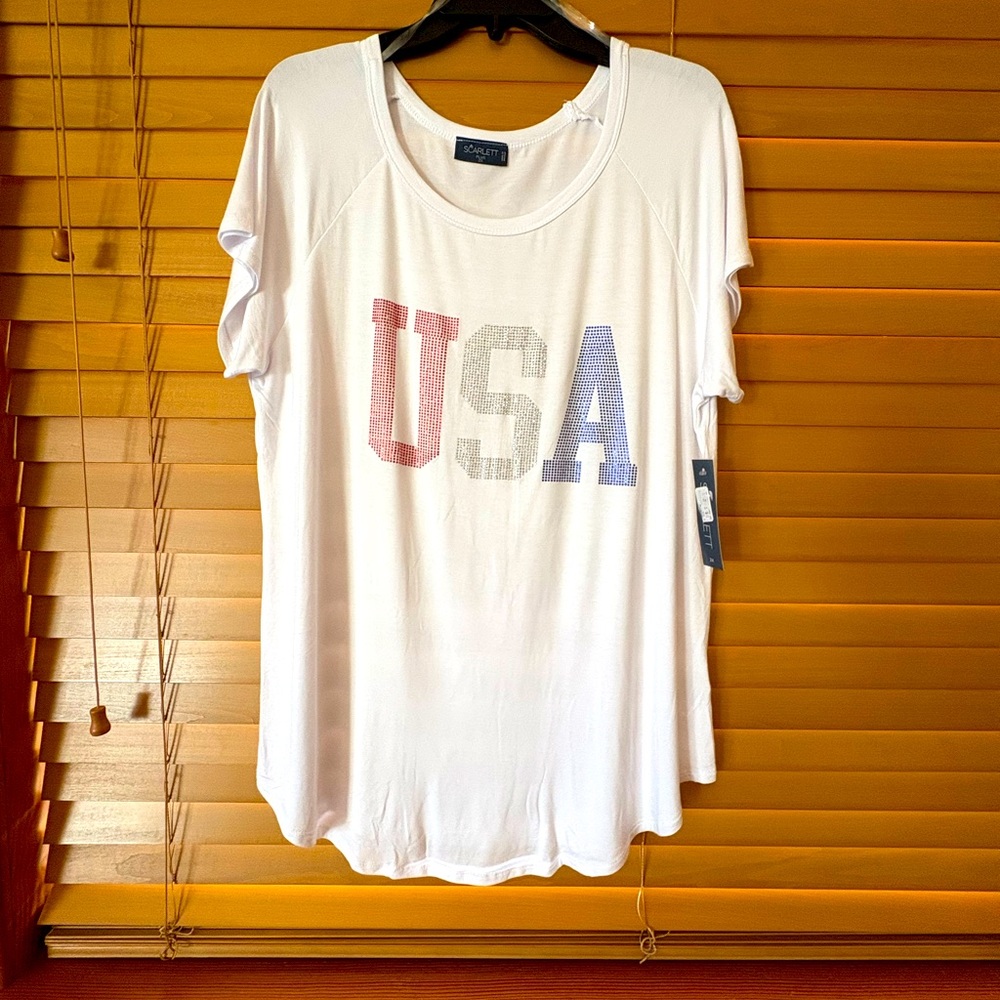 Scarlett White Short Sleeve Tee with Red, Blue and Gray USA Graphic